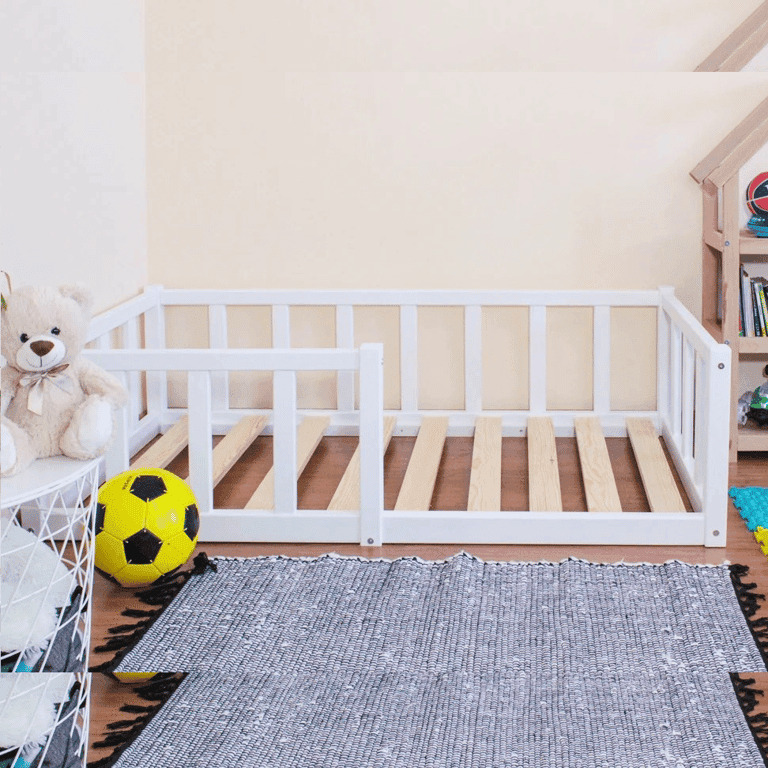 Montessori Holly Molly Wood Floor Toddler Bed With Slats & Rails Single White