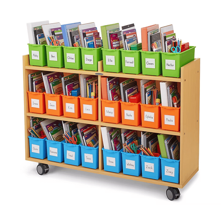 Montessori Lakeshore Learning Flex-Space Mobile Storage Bin Shelf for 24 Students Modern Maple