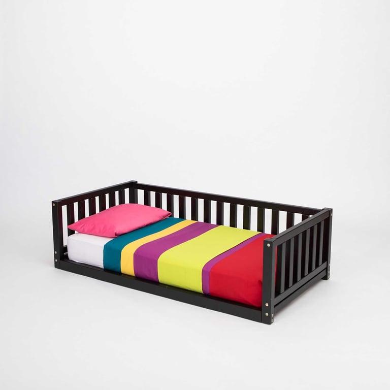 Montessori Sweet Home From Wood Floor Bed With Rails on 3 Sides Twin Black