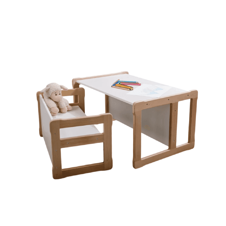 Montessori Woodjoy Big Bench Table and Small Bench Chair Set White