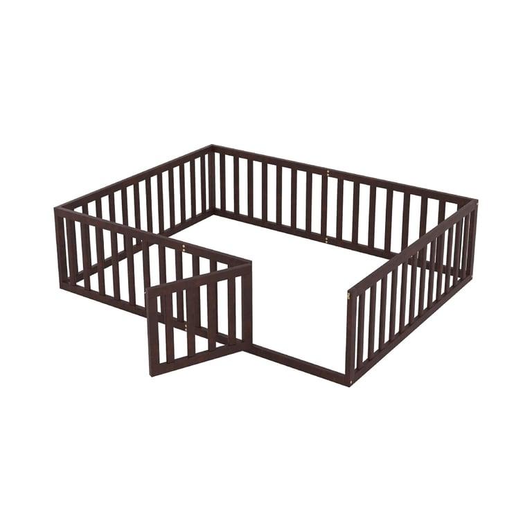 Montessori Harper & Bright Designs Queen Size Floor Bed With Rails, Fence, and Door Walnut