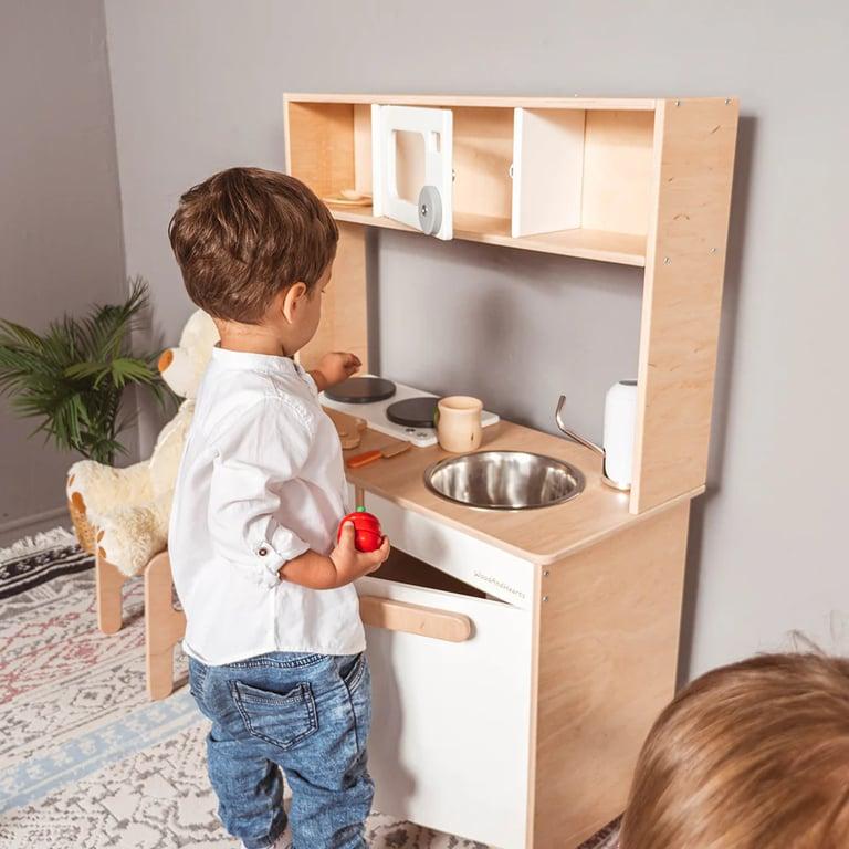 Montessori Wood and Hearts Play Kitchen Natural Wood + White No Water Tap + Tub