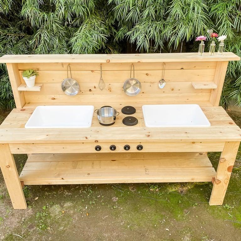 Montessori WoodNPoppy Double Sink Mud Kitchen Unfinished Knotty Pine With Plastic Sink