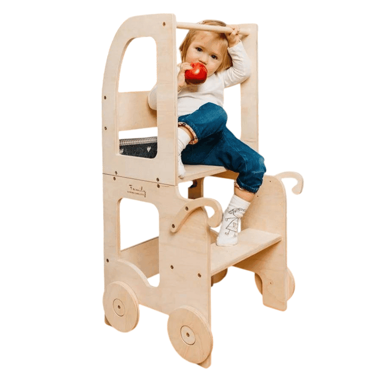 Montessori The Learning Tower Company The Wheely Fun Convertible Toddler Tower Trolley Natural Wood Coated
