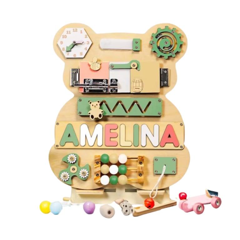 Montessori REU CrafttoyUS Wooden Busy Board With 8 Letters and Stand