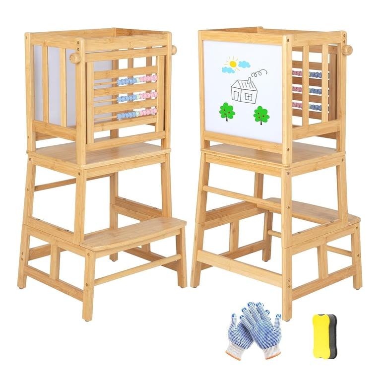 Montessori Cosyland Toddler Tower With Whiteboard, Safety Rail, and Abacus Pale Yellow