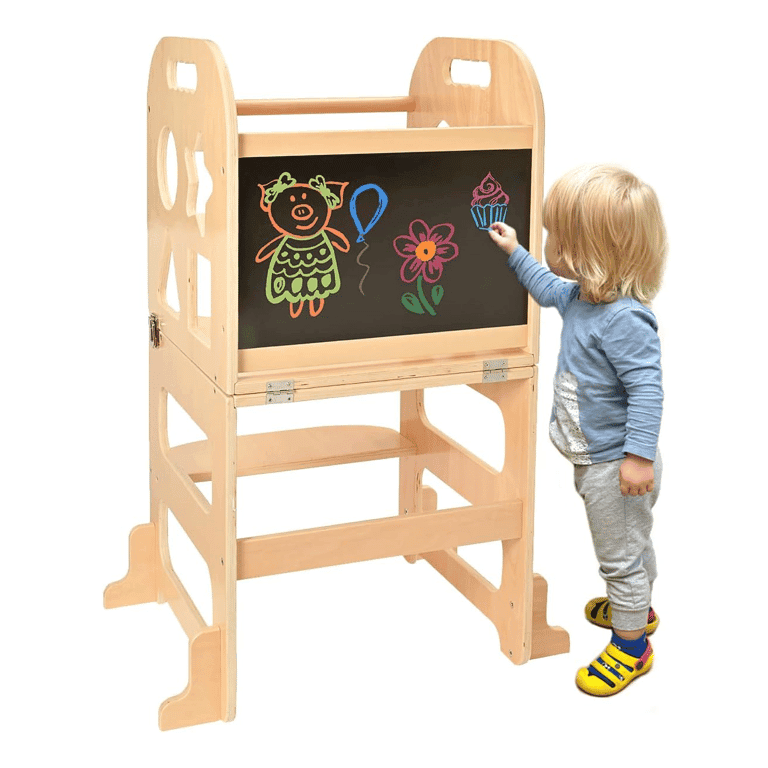 Montessori Donmills Wooden Toddler Tower With Chalkboard and Safety Rail