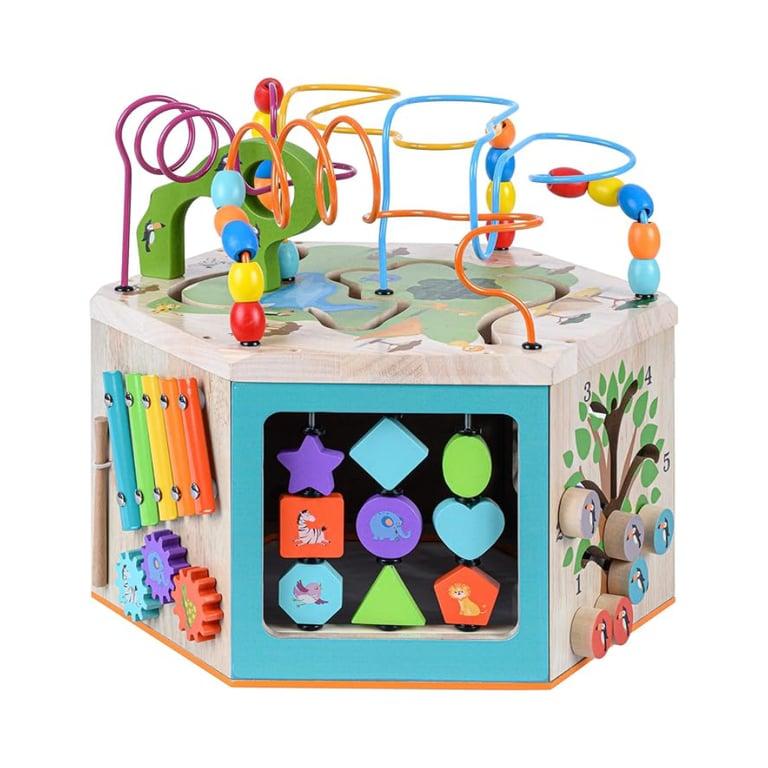 Montessori Teamson Kids Preschool Play Lab 7-in-1 Large Wooden Bead Activity Cube Natural