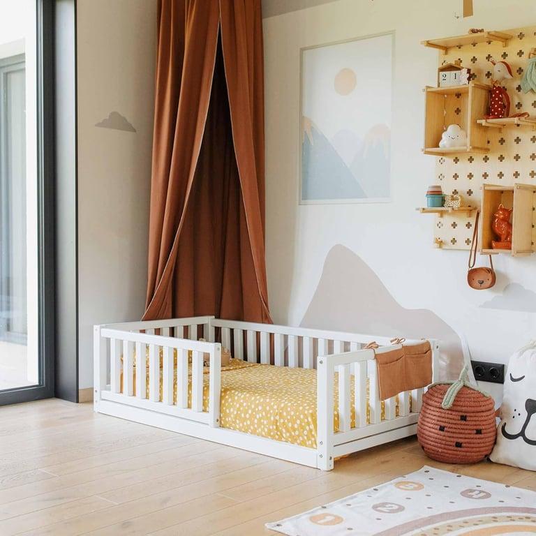 Montessori Sweet Home From Wood Floor Bed With Rails on 4 Sides Twin White
