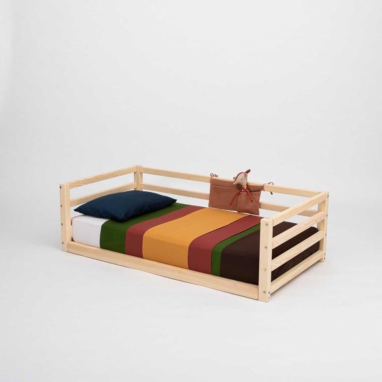 Montessori Sweet Home From Wood Montessori Floor Bed With Horizontal Rails on 3 Sides Twin Pine Wood