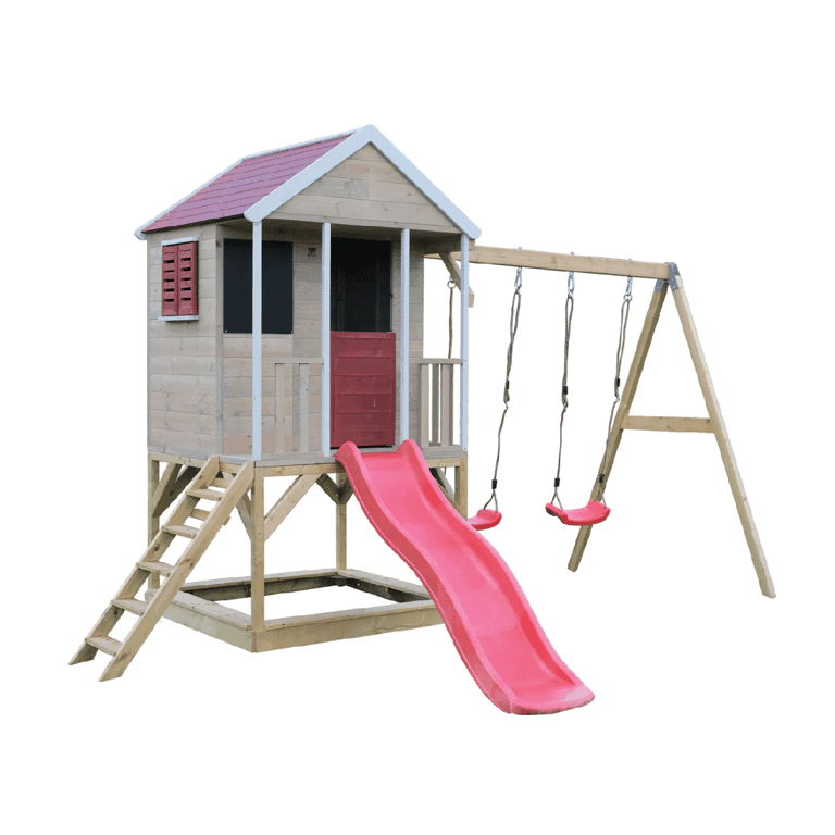 Montessori Wendi Toys Summer Adventure Swing Set With Platform, Slide, and Double Swing Red