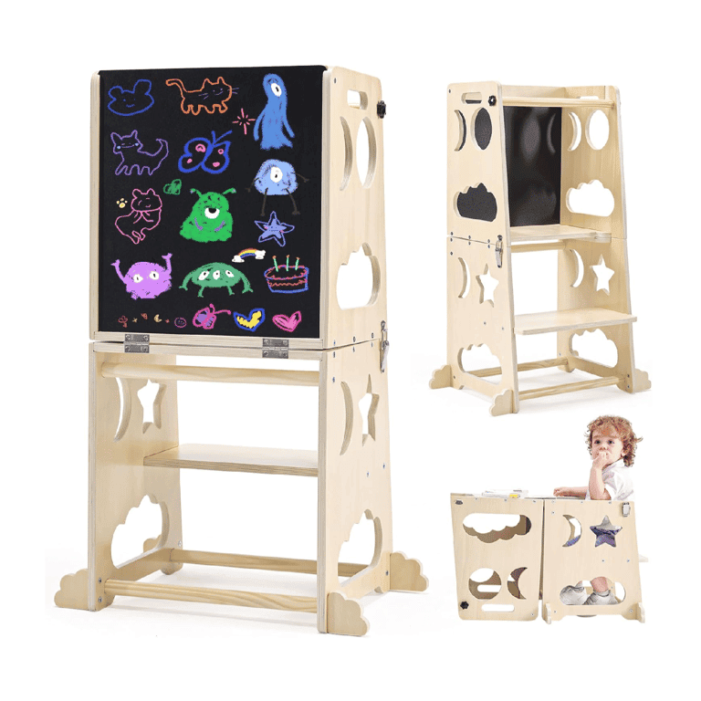 Montessori Yojoker 4-in-1 Convertible Toddler Tower With Chalkboard & Safety Rail Natural