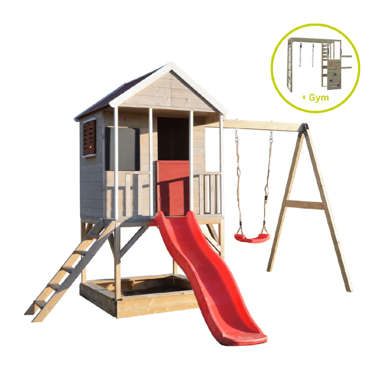 Montessori Wendi Toys Summer Adventure Swing Set With Platform, Slide, Single Swing, and Gym Attachment Red