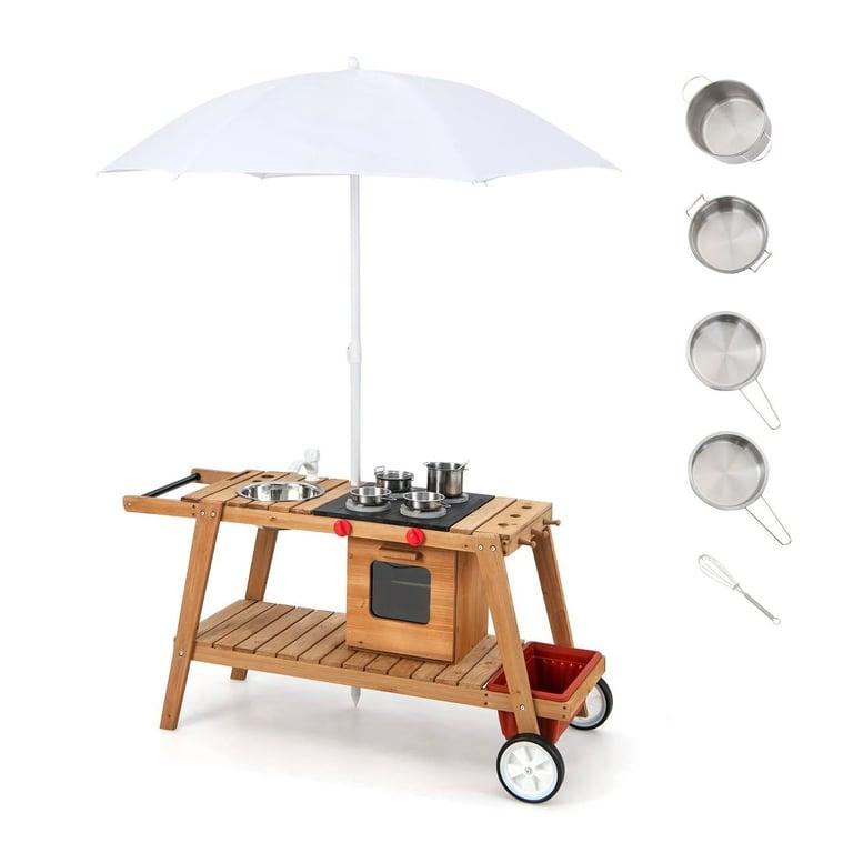 Montessori Costzon Wooden Mud Cooking Cart With White Umbrella