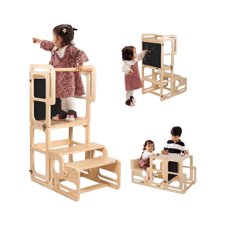 Montessori DGD Convertible Toddler Tower With Chalkboard Natural