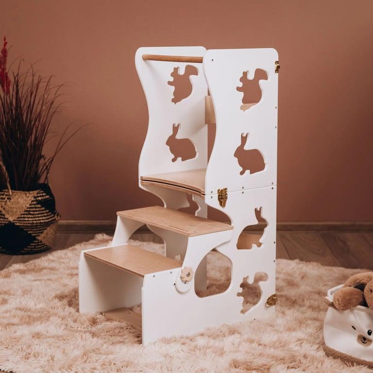 Montessori Wood and Hearts Convertible Kitchen Tower White + Natural Wood Animals