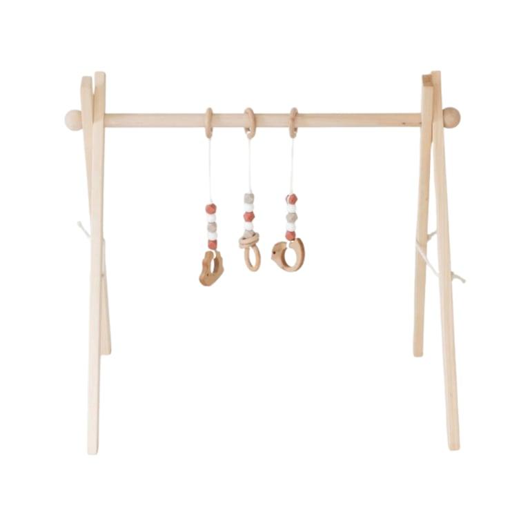 Montessori My Little Songbird Classic Maroon Play Gym Natural With 3 Toys Hedgehog and Bird