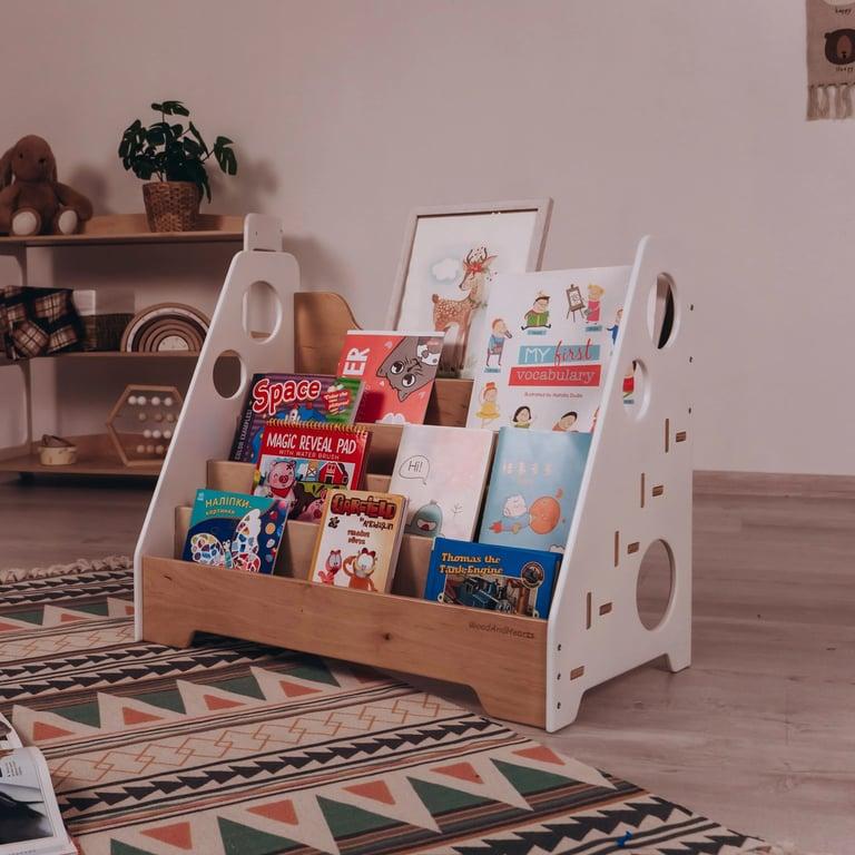 Montessori Wood and Hearts Montessori Bookshelf White + Natural Wood
