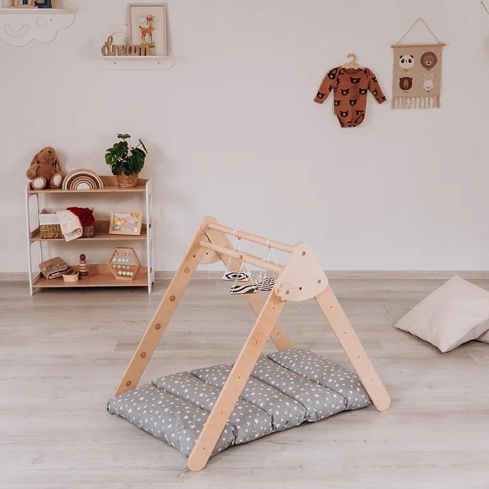 Montessori Wood and Hearts Baby Play Gym Small Foldable Triangle Natural Wood 7 Cards