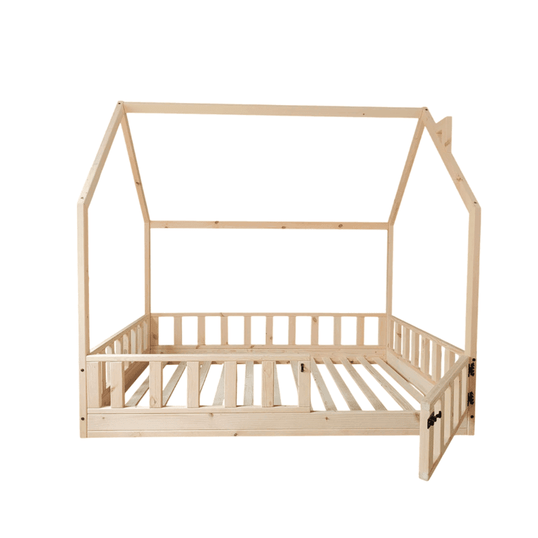 Montessori Rustic Made Decor Floor Bed With Rails and Gate House Shaped Twin Size