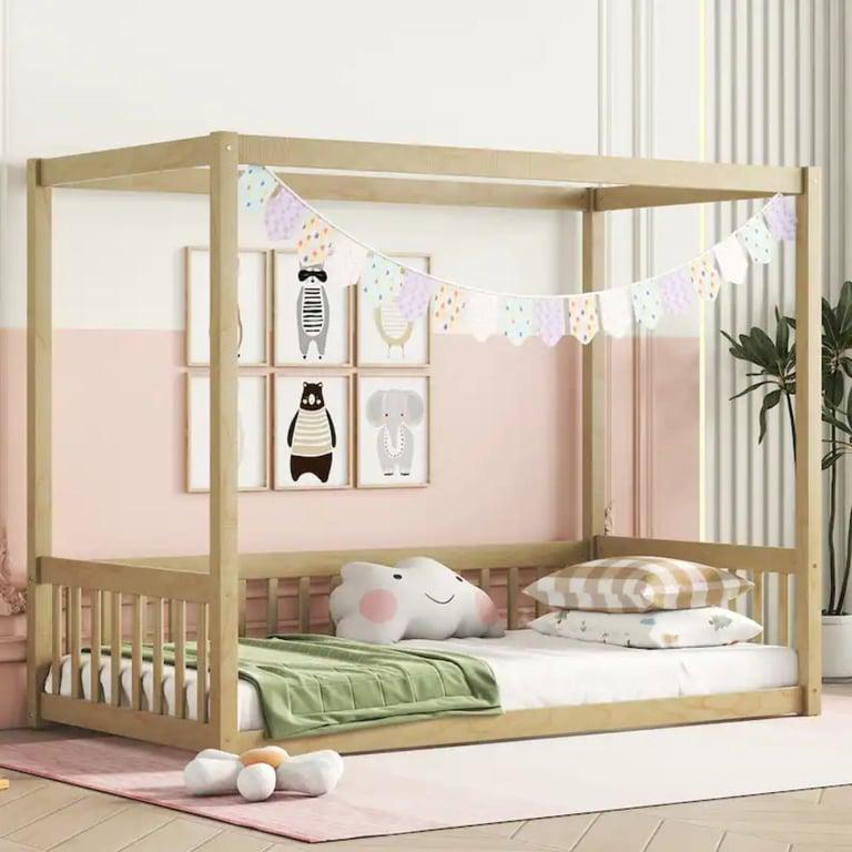 Montessori Bed Bath & Beyond Wooden Twin Floor Bed Canopy Frame With Fence and Guardrails Natural