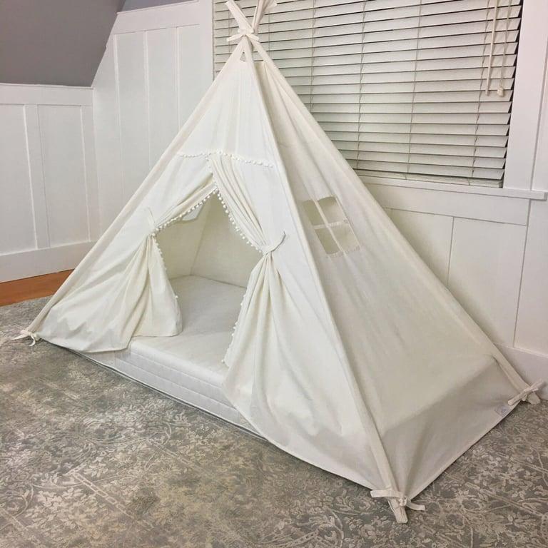 Montessori Domestic Objects Play Tent Canopy Twin Floor Bed in White Canvas With Pom Pom Trim Doors