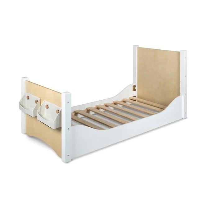 Montessori My Happy Helpers Adjustable Single Floor Bed White & Birch With White Baskets