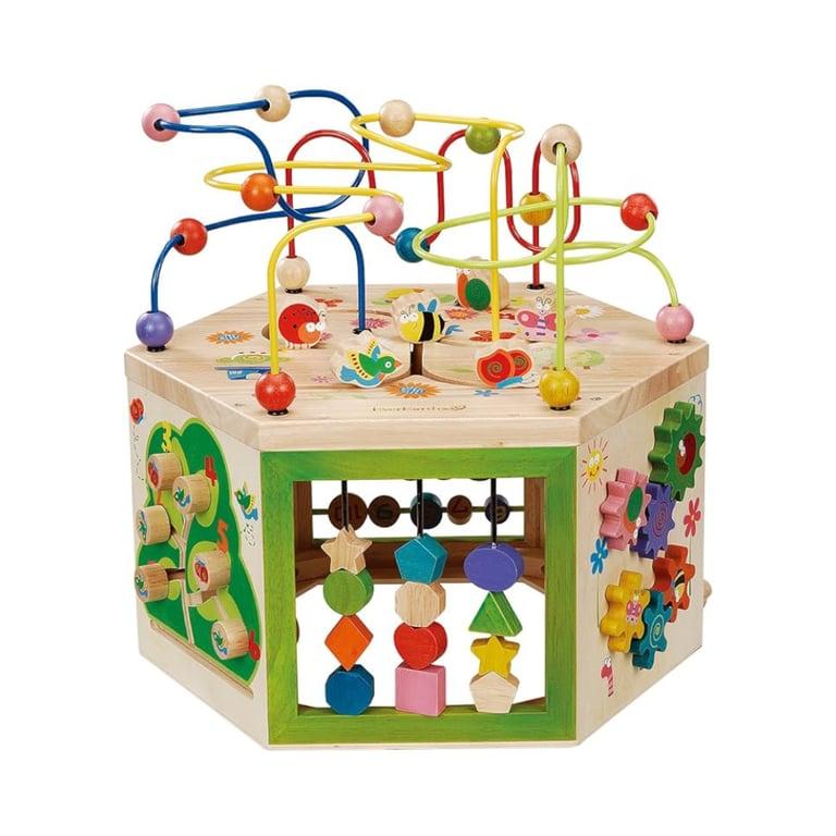 Montessori EverEarth Garden Activity Cube With Wood and Shape Color Sorter, Bead Maze, and Counting Toys