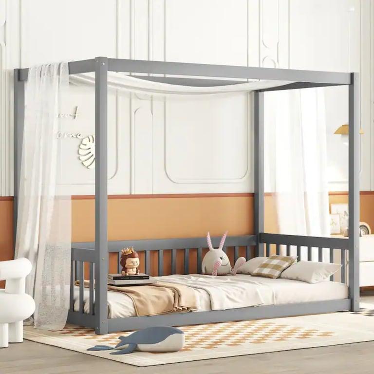 Montessori Bed Bath & Beyond Wooden Twin Floor Bed Canopy Frame With Fence and Guardrails Grey