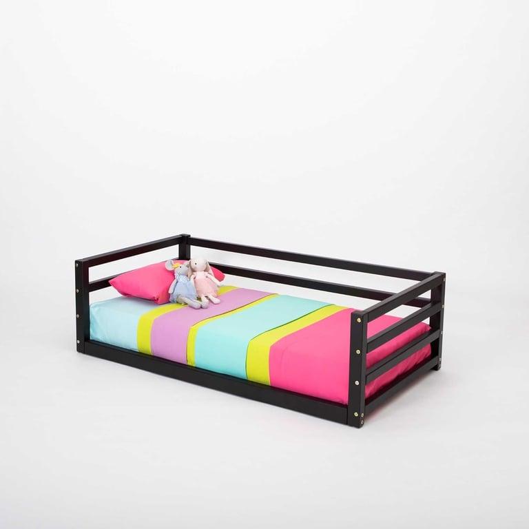 Montessori Sweet Home From Wood Montessori Floor Bed With Horizontal Rails on 3 Sides Twin Black