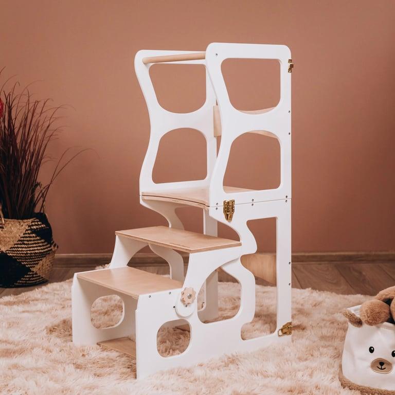 Montessori Wood and Hearts Convertible Kitchen Tower White + Natural Wood Neckline