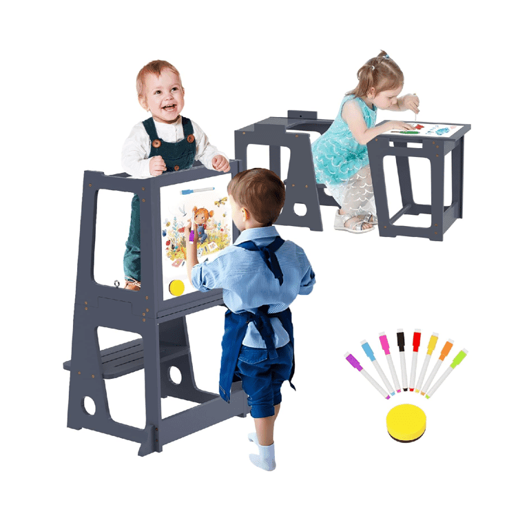 Montessori BueDeHai 4-in-1 Toddler Tower With Whiteboard and Safety Rail Gray