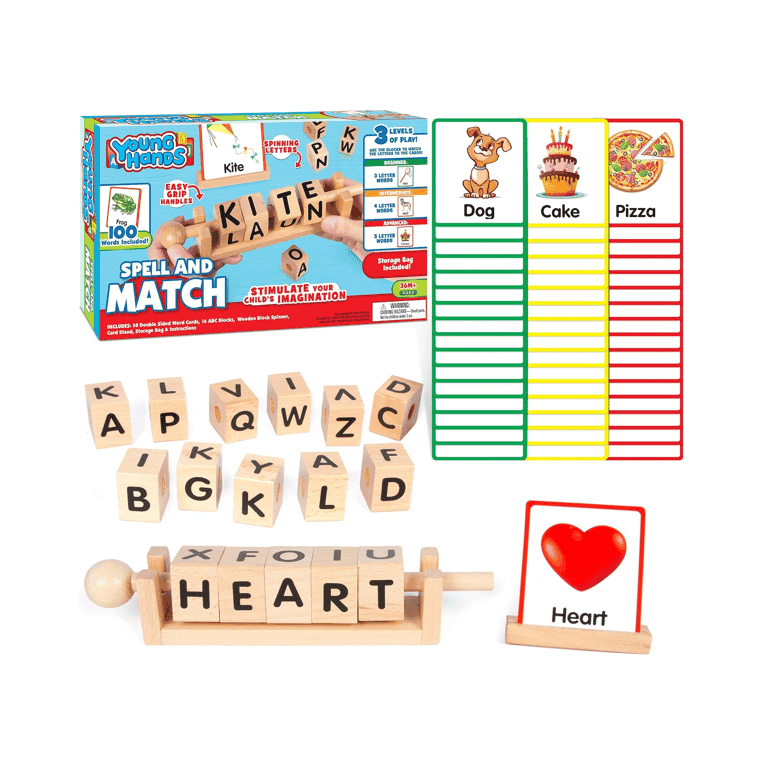 Montessori Young Hands Word Game Spin, Spell and Match Words Wooden Reading Blocks