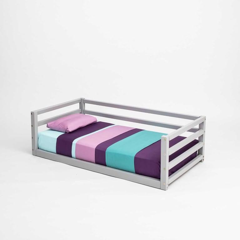 Montessori Sweet Home From Wood Montessori Floor Bed With Horizontal Rails on 3 Sides Twin Gray