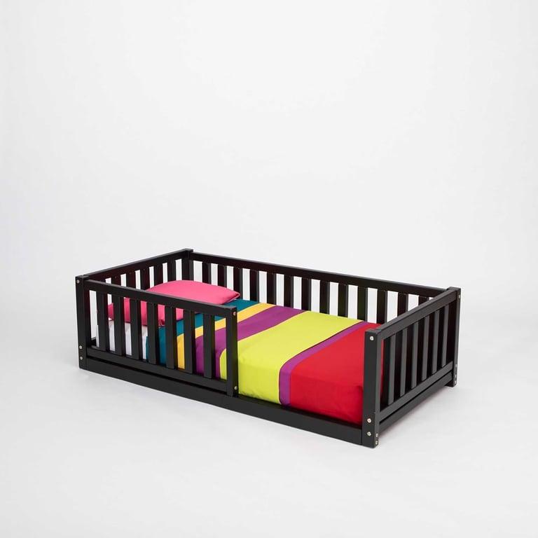 Montessori Sweet Home From Wood Floor Bed With Rails on 4 Sides Single Black