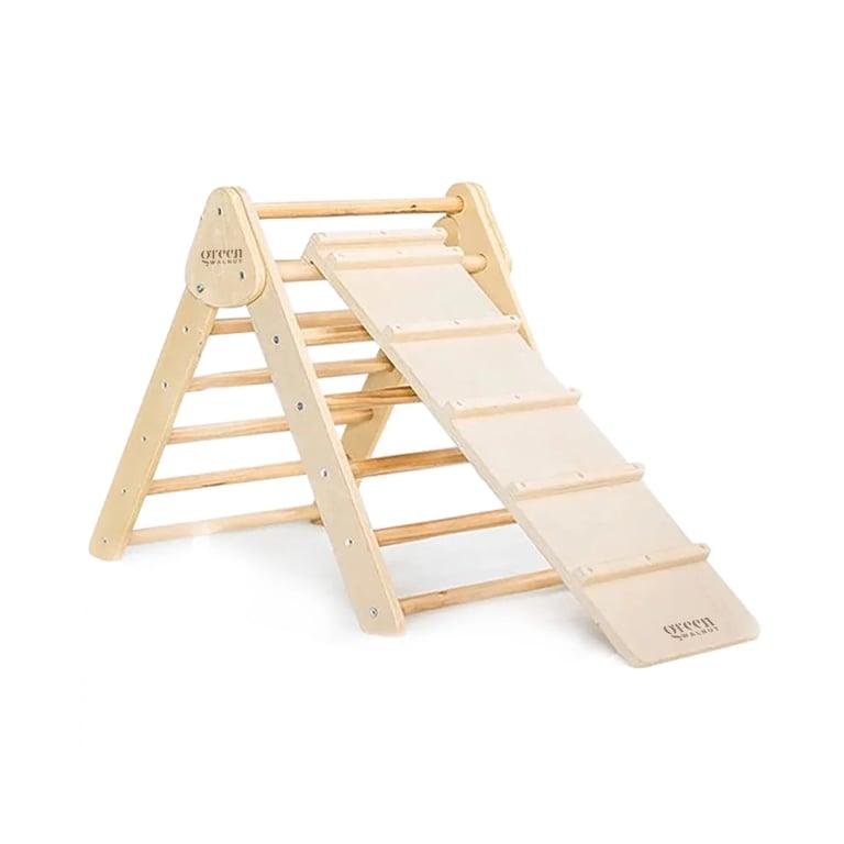 Montessori REU Green Walnut Wooden Pikler Triangle With Slide & Ramp