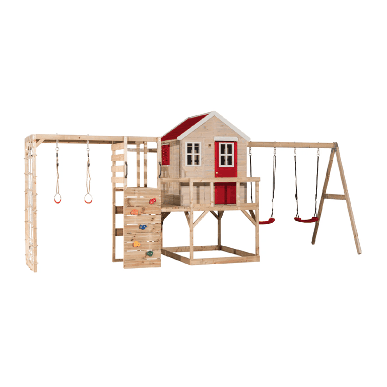 Montessori Wendi Toys My Lodge Swing Set With Platform, Double Swing, and Gym Attachment Red