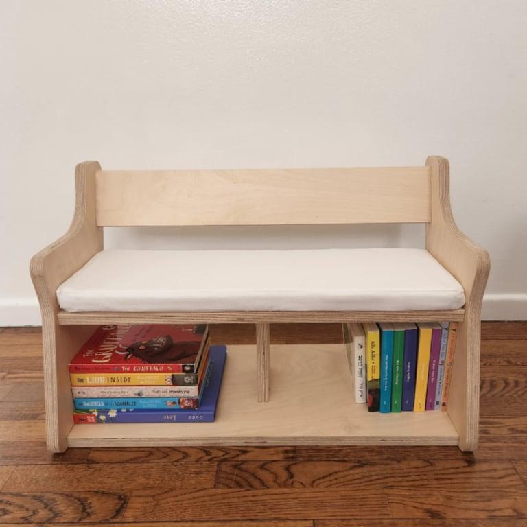 Montessori ME Made With Love Kids Wooden Bench and Bookshelf Cushion White Oiled