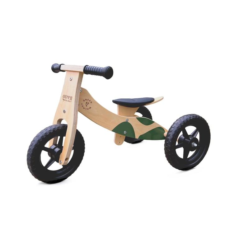 Montessori REU Green Walnut Convertible Wooden Balance Bike Trike 2-in-1