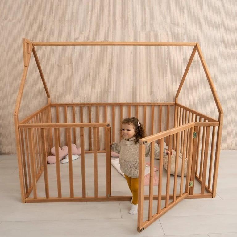 Montessori Busywood House Playpen Bed With High Rails Natural Twin Size