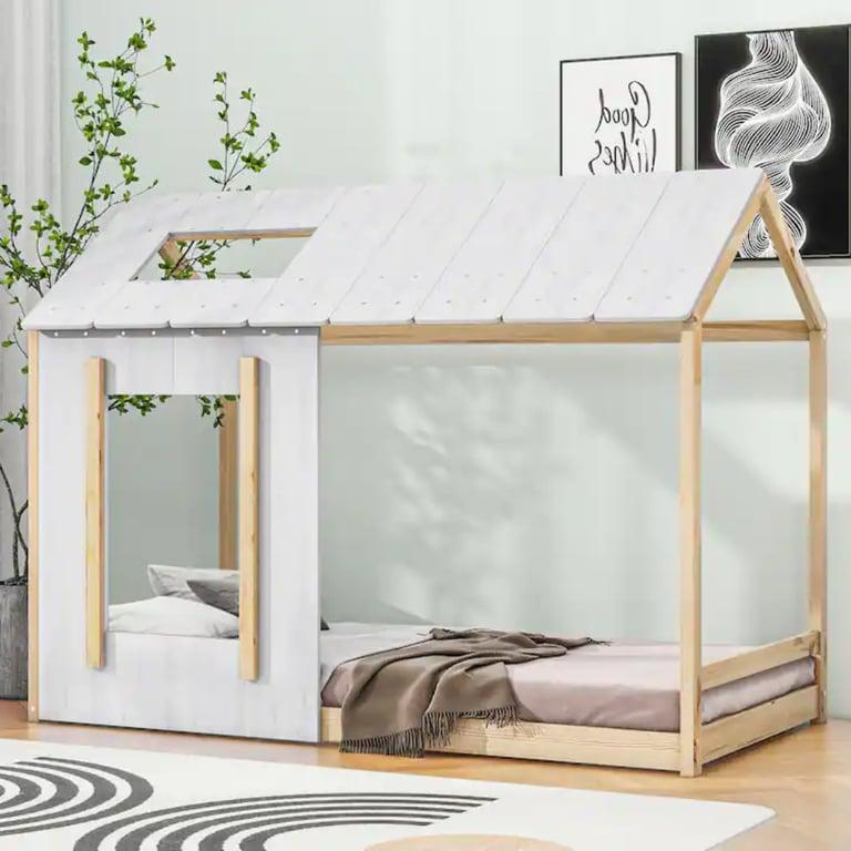 Montessori Bed Bath & Beyond Wooden House Twin Floor Bed With Roof and Window White and Natural