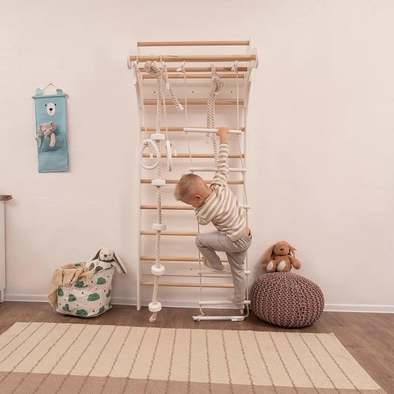 Montessori REU Wood and Hearts Swedish Wall Solid With 4 Rope Access in White and Natural Wood