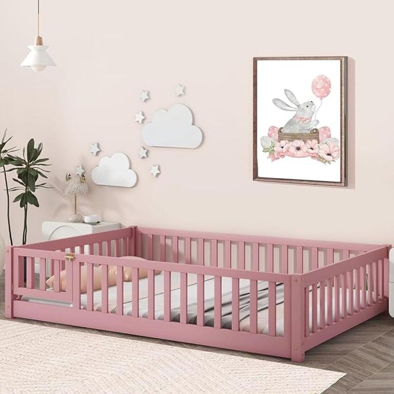 Montessori Tatub Twin Montessori Bed With Safety Guardrails, Slats, and Door Pink