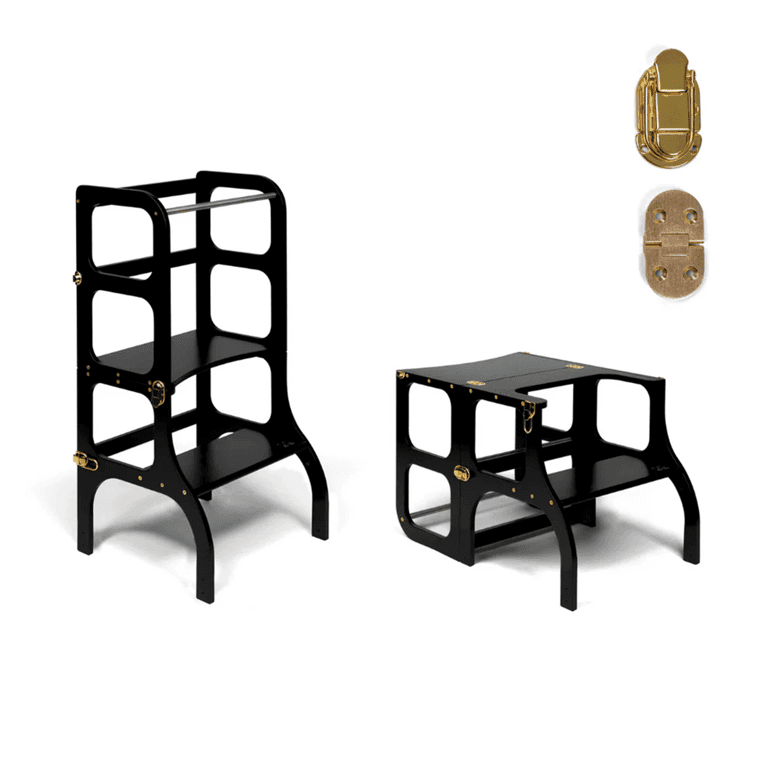 Montessori Ette Tete STEP'n'SIT® Helper Tower Table Convertible 2-in-1 Black With Gold Clasp Locks