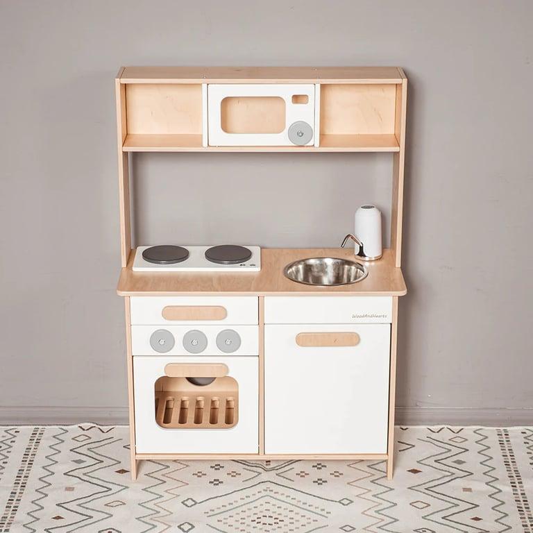 Montessori Wood and Hearts Play Kitchen Natural Wood + White With Water Tap Tub