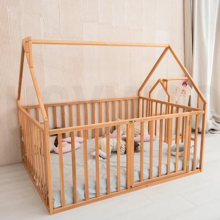Montessori Busywood House Playpen Bed With High Rails Natural Queen Size