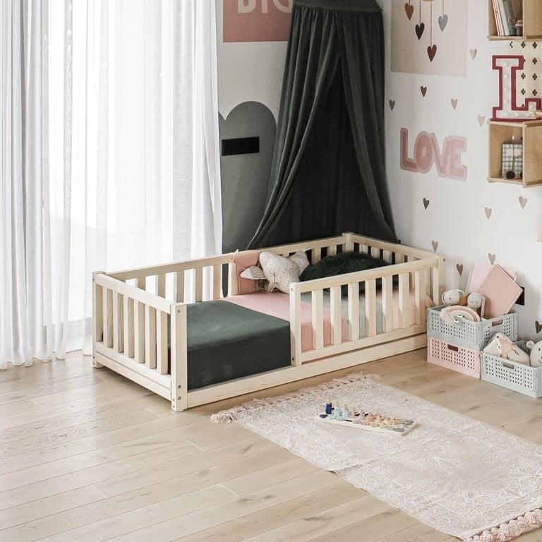Montessori Sweet Home From Wood Floor Bed With Rails on 4 Sides Twin Pine Wood