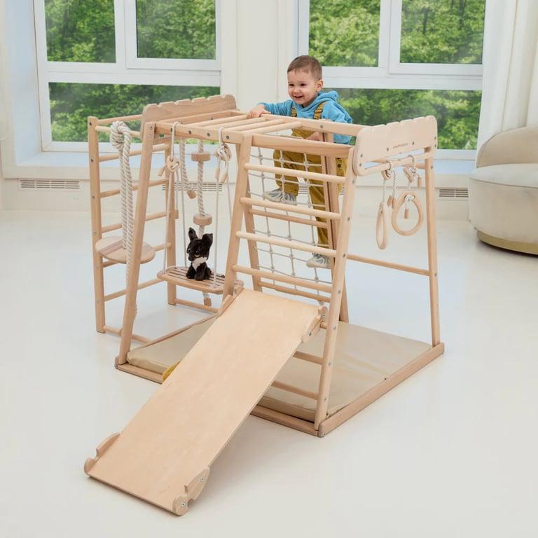 Montessori Wood and Hearts Indoor Jungle Gym With Trapeze, Ladder, Mat, Ramp, and 4 Rope Access