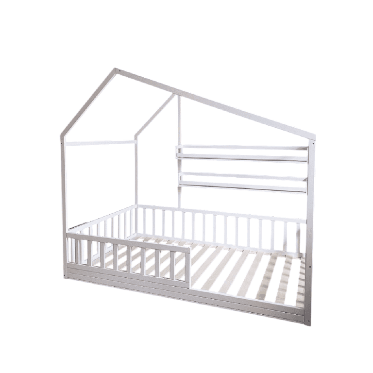 Montessori Home for Dreams Full Floor Bed With Roof and Two Shelves White