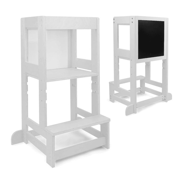 Montessori 509 Torro 2-in-1 Toddler Tower With Double-Sided Black Chalkboard and White Drywipe Board White